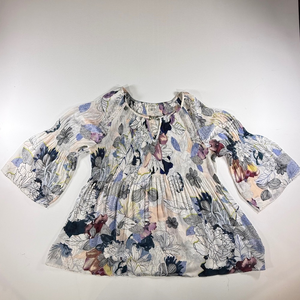 Spense Floral Pleated Blouse Womens XL Bell Sleeve Boho Cottagecore Babydoll